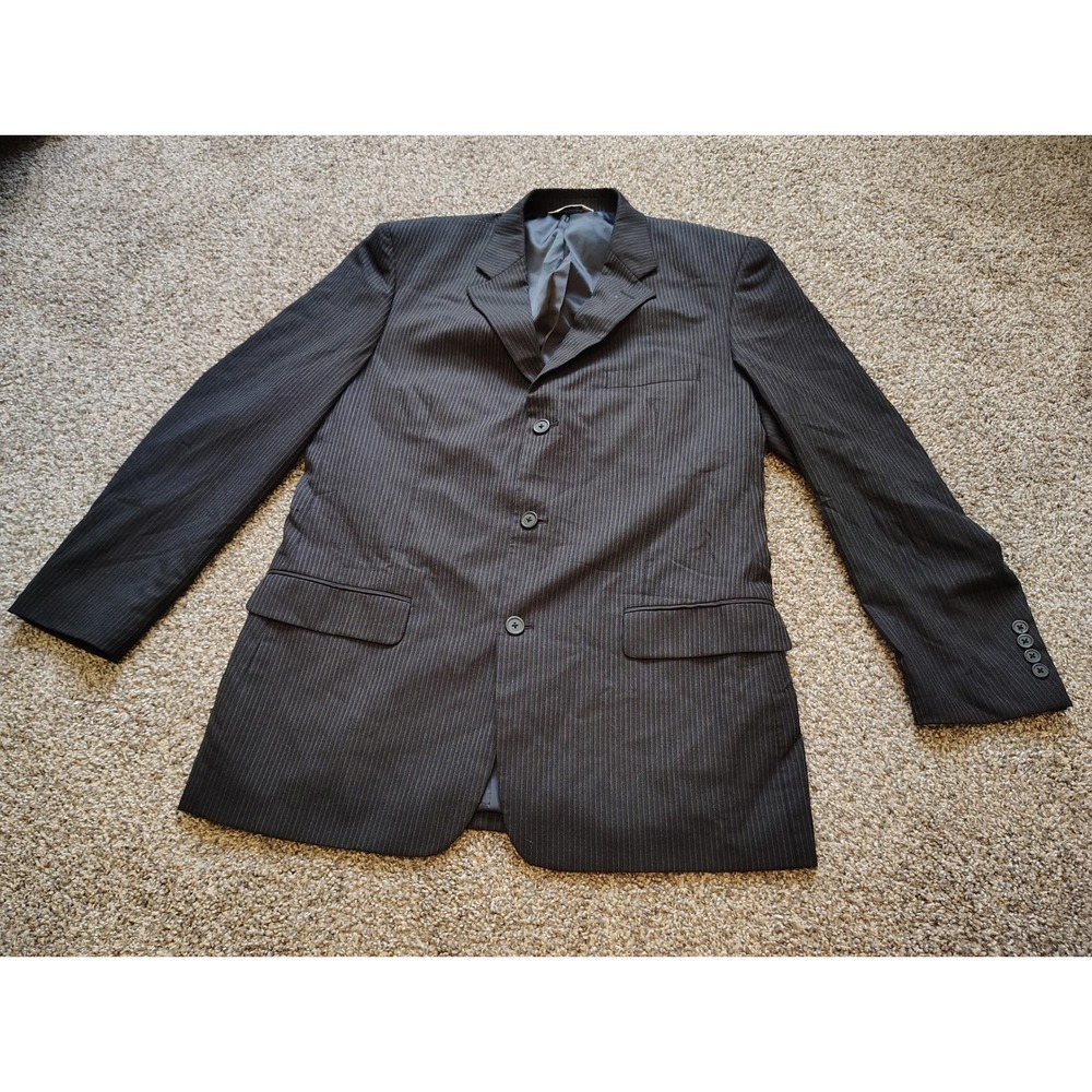 Versini Mens 44 Long Pinstripe Wool Blazer 3-Button Suit Jacket Charcoal Grey